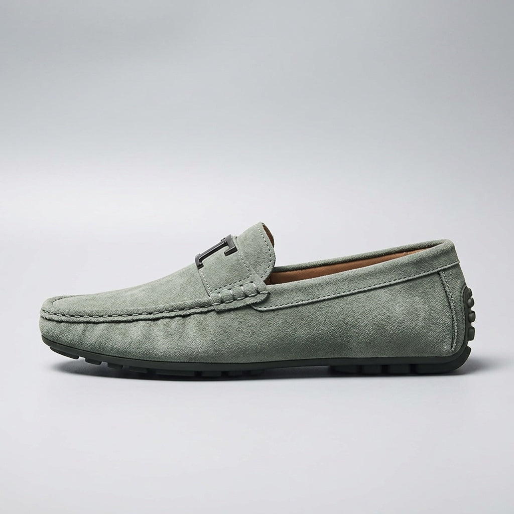 Lavagna Suede Loafers — Green, side profile studio view
