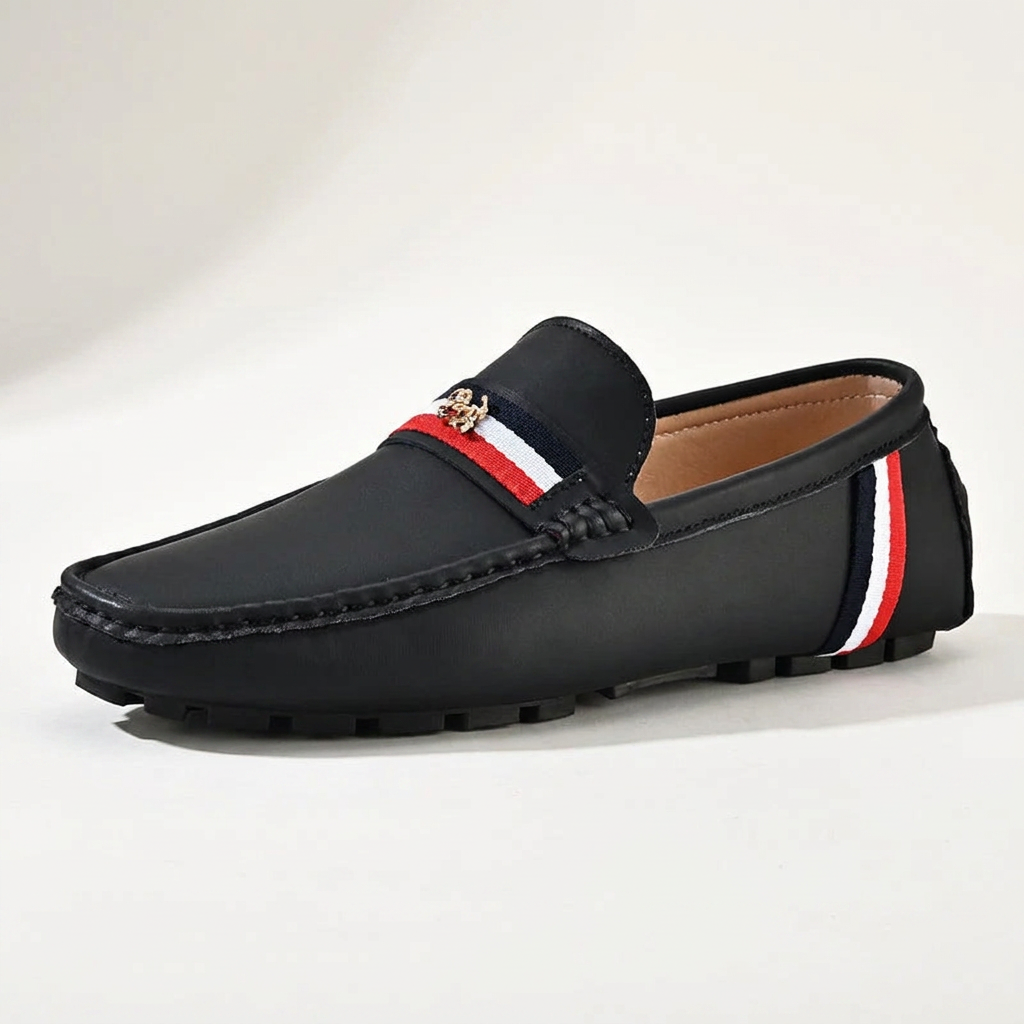 Palinuro Stripe Loafers — Black, three-quarter studio view