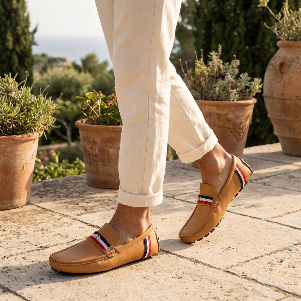 Palinuro Stripe Loafers — Tan, worn on model, coastal terrace