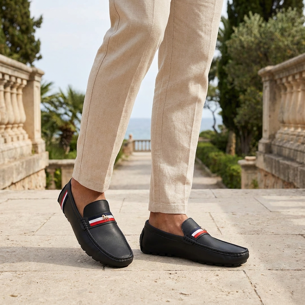 Palinuro Stripe Loafers — Black, worn on model, coastal terrace