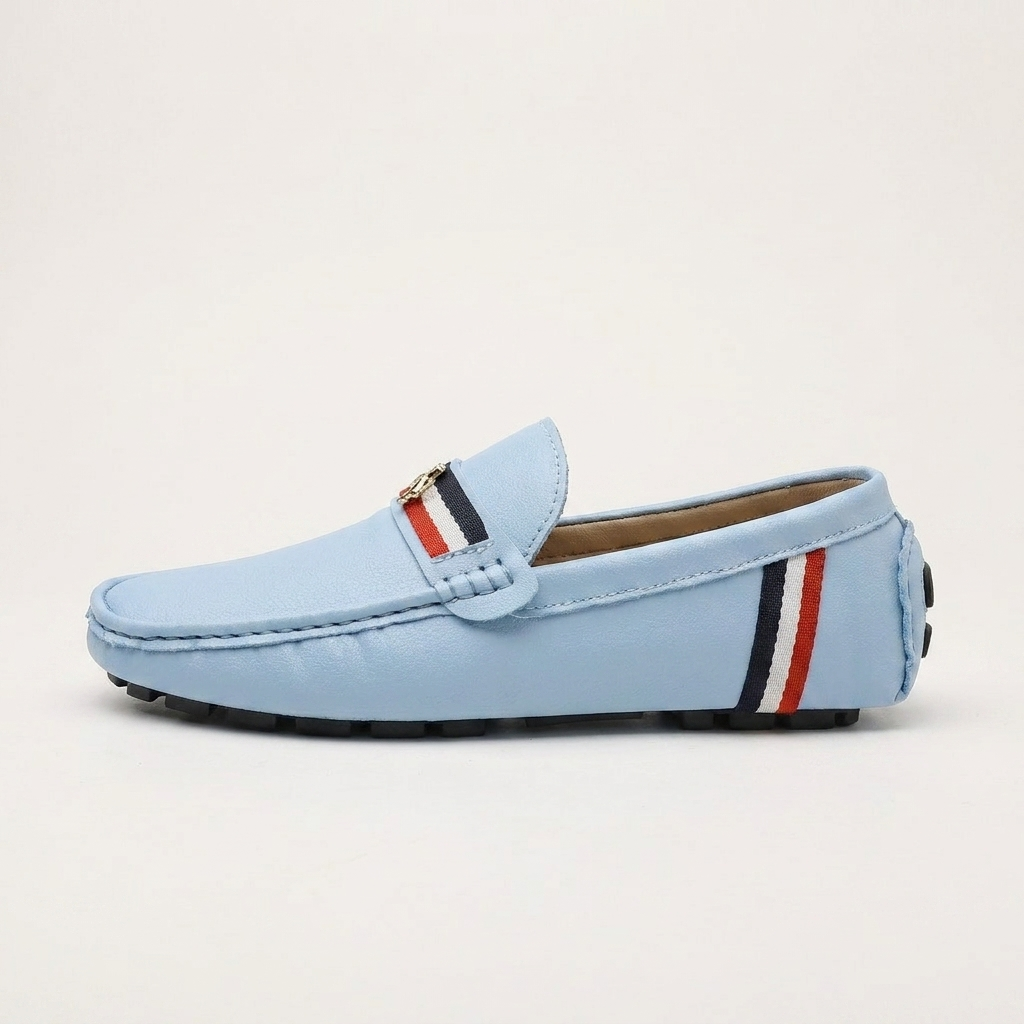 Palinuro Stripe Loafers — Powder Blue, side profile studio view