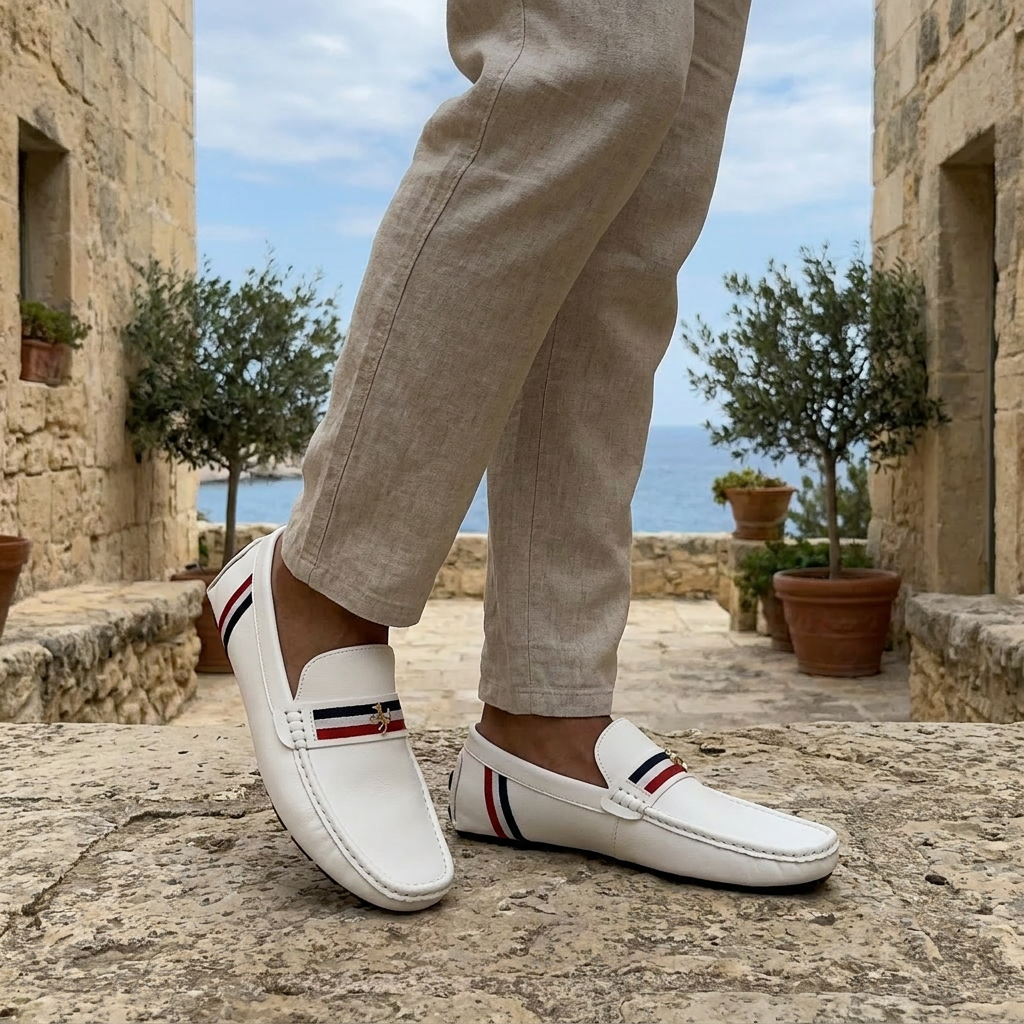 Palinuro Stripe Loafers — White, worn on model, coastal terrace