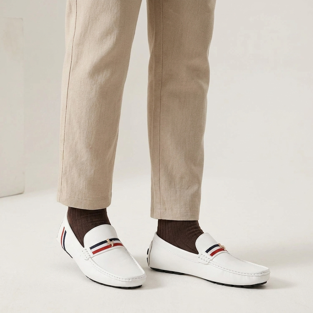 Palinuro Stripe Loafers — White, worn on model, studio