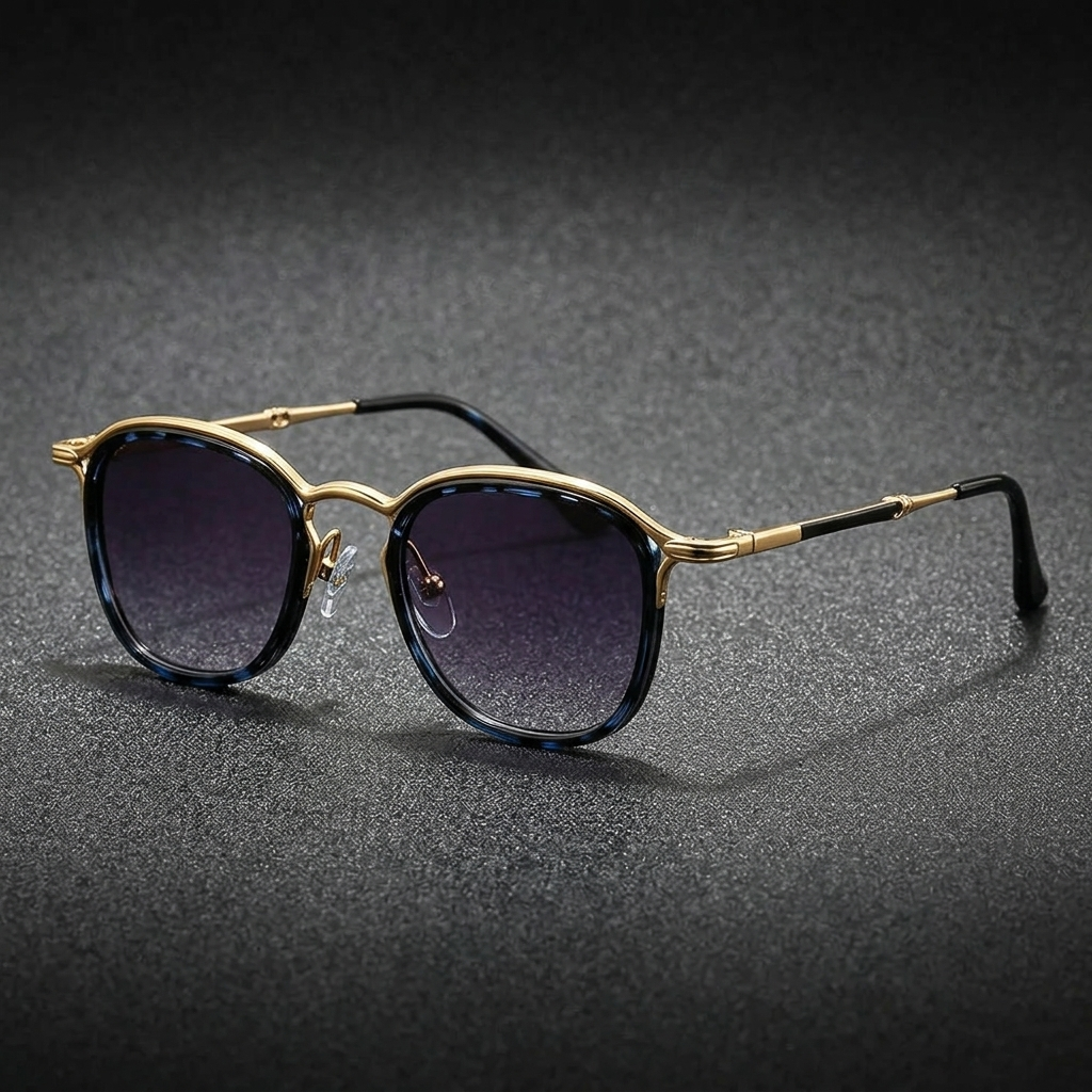 Chiavari Metal Sunglasses — Blue Leopard, three-quarter studio view
