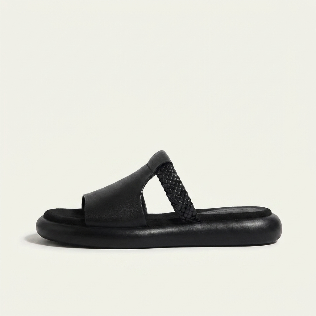 Mykonos Leather Slides — Black, left-side profile
