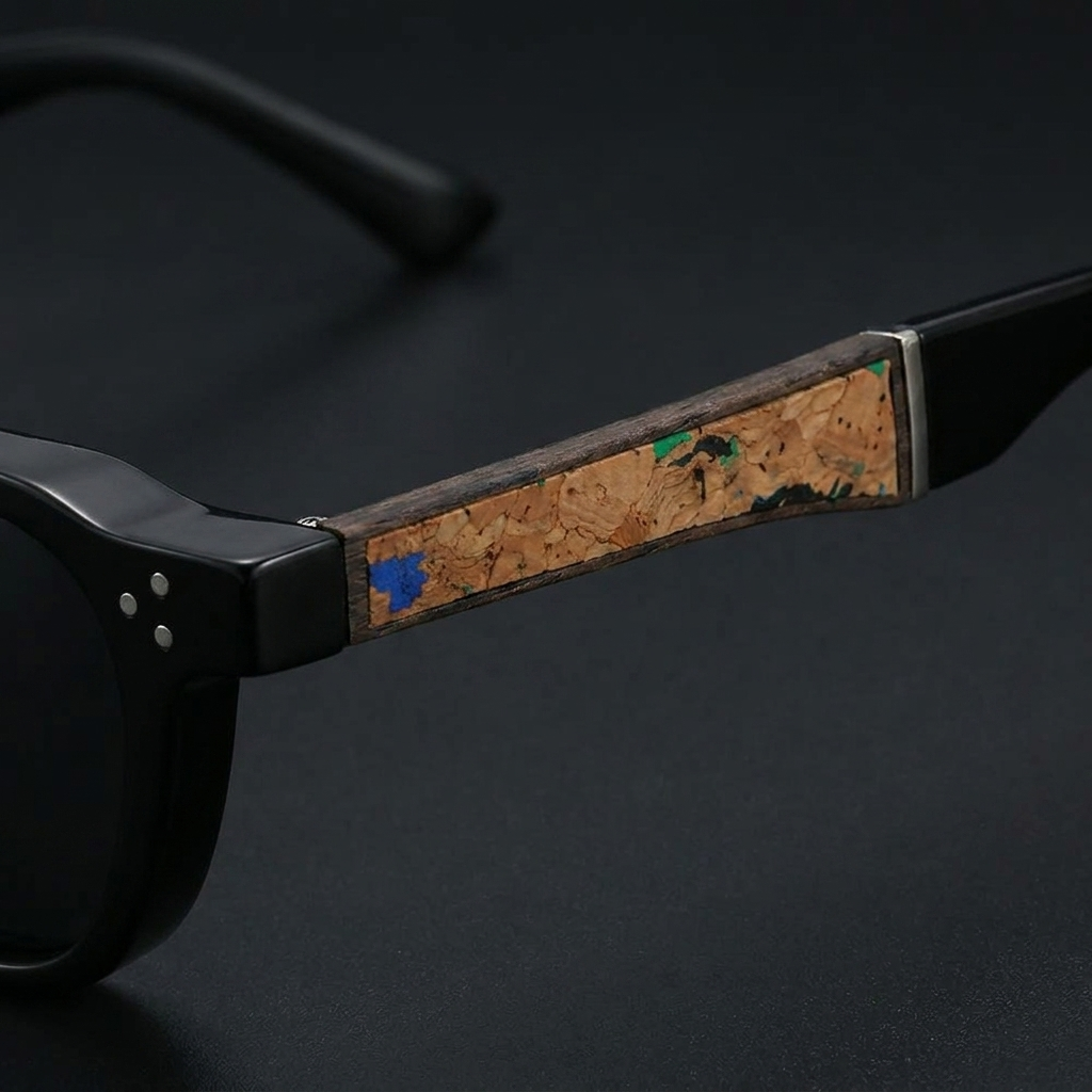 Sirolo Cork Sunglasses — Black, cork arm detail