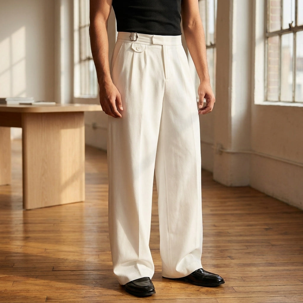 Treviso Pleated Trousers — Ivory, lifestyle waist-down hero