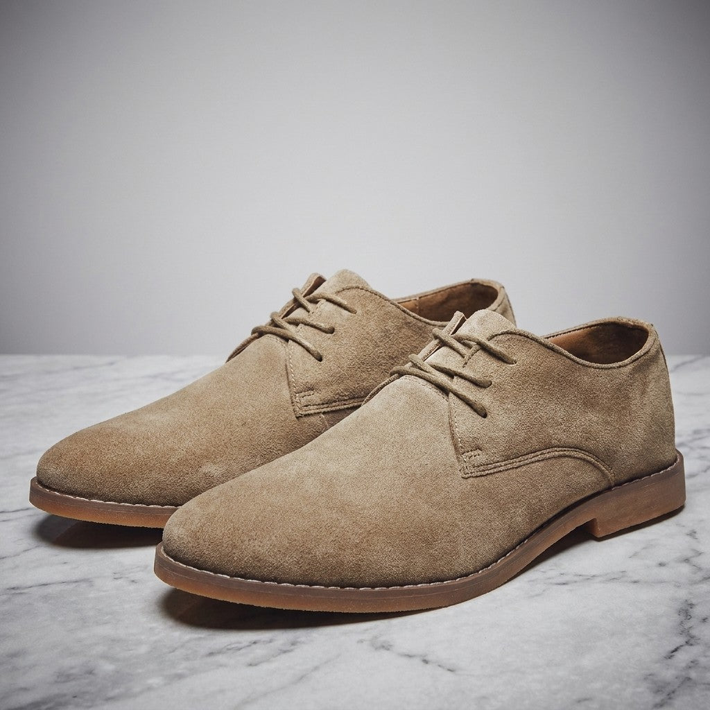 Lecce Suede Oxfords — Khaki, pair on marble