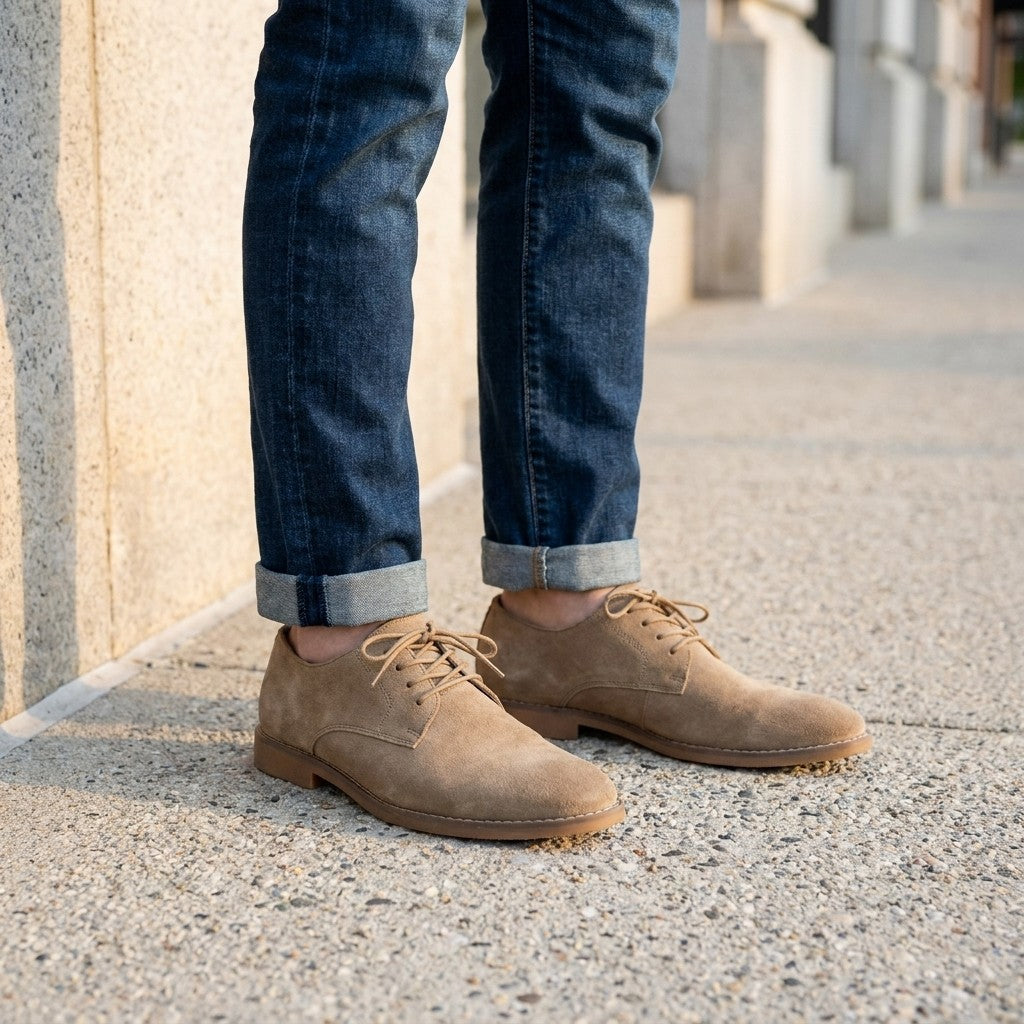 Lecce Suede Oxfords — Khaki, on-model office sidewalk lifestyle