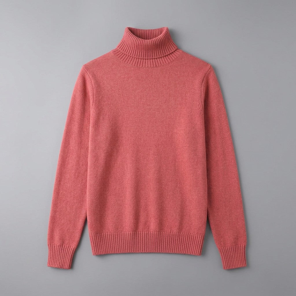 Macerata Merino Wool Turtleneck — Coral Red, front flat lay on grey