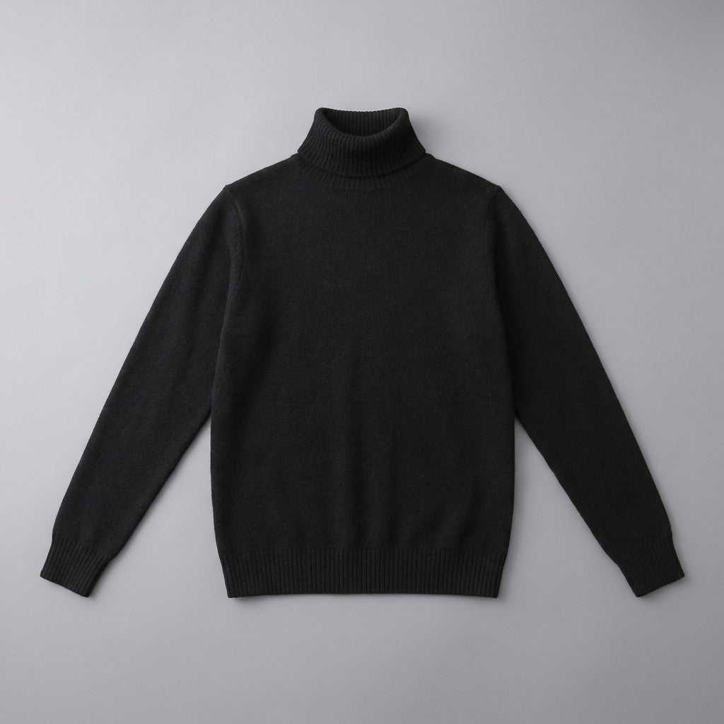 Macerata Merino Wool Turtleneck — Black, front flat lay on grey
