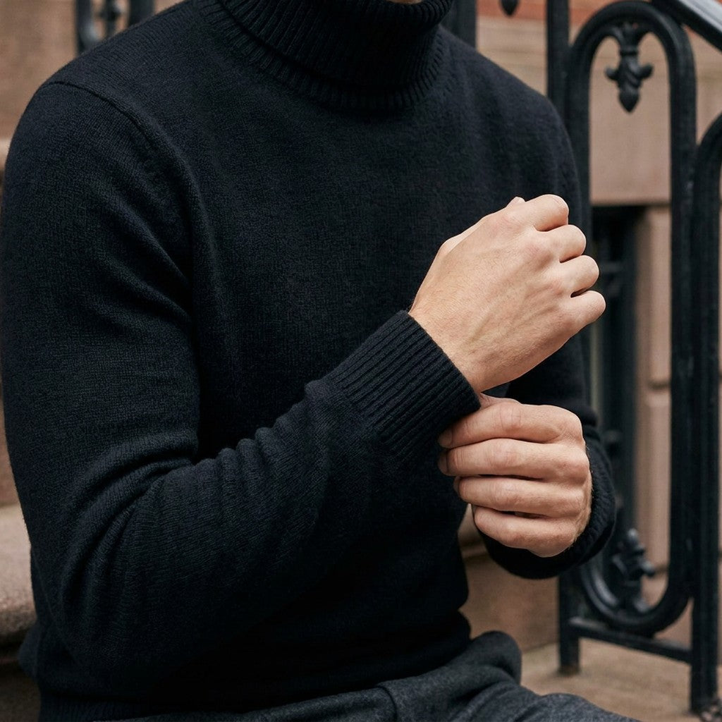 Macerata Merino Wool Turtleneck — Black, worn close-up of the cuff and knit