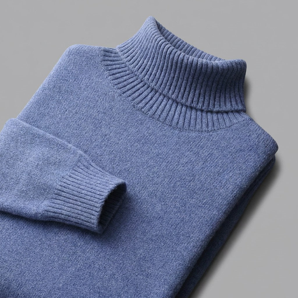 Macerata Merino Wool Turtleneck — Cornflower Blue, close-up of the ribbed collar, knit and cuff
