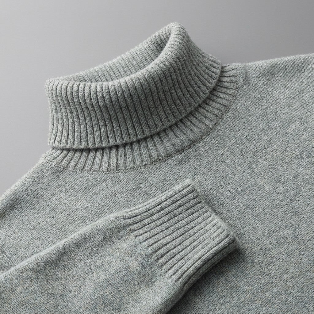 Macerata Merino Wool Turtleneck — Sage, close-up of the ribbed collar, knit and cuff