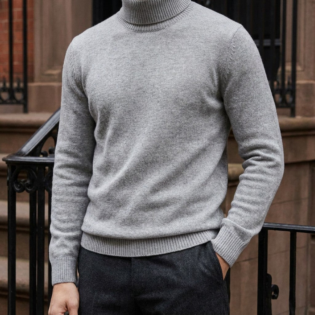 Macerata Merino Wool Turtleneck — Light Grey, worn on a brownstone stoop