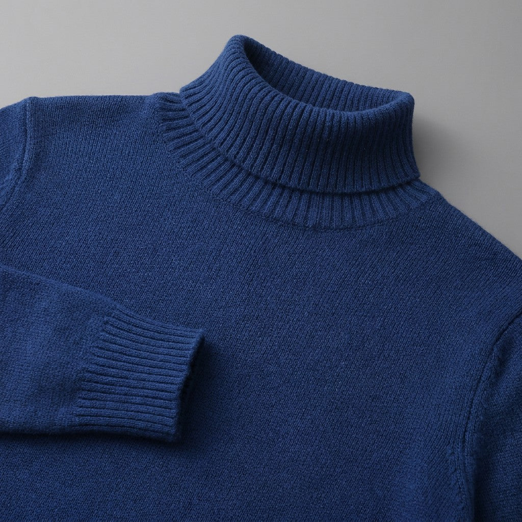 Macerata Merino Wool Turtleneck — Royal Blue, close-up of the ribbed collar, knit and cuff