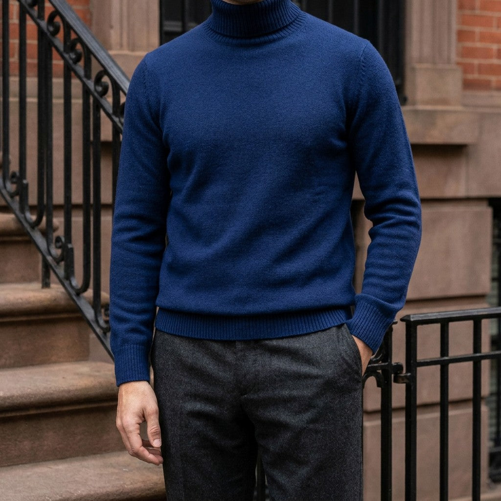 Macerata Merino Wool Turtleneck — Royal Blue, worn on a brownstone stoop