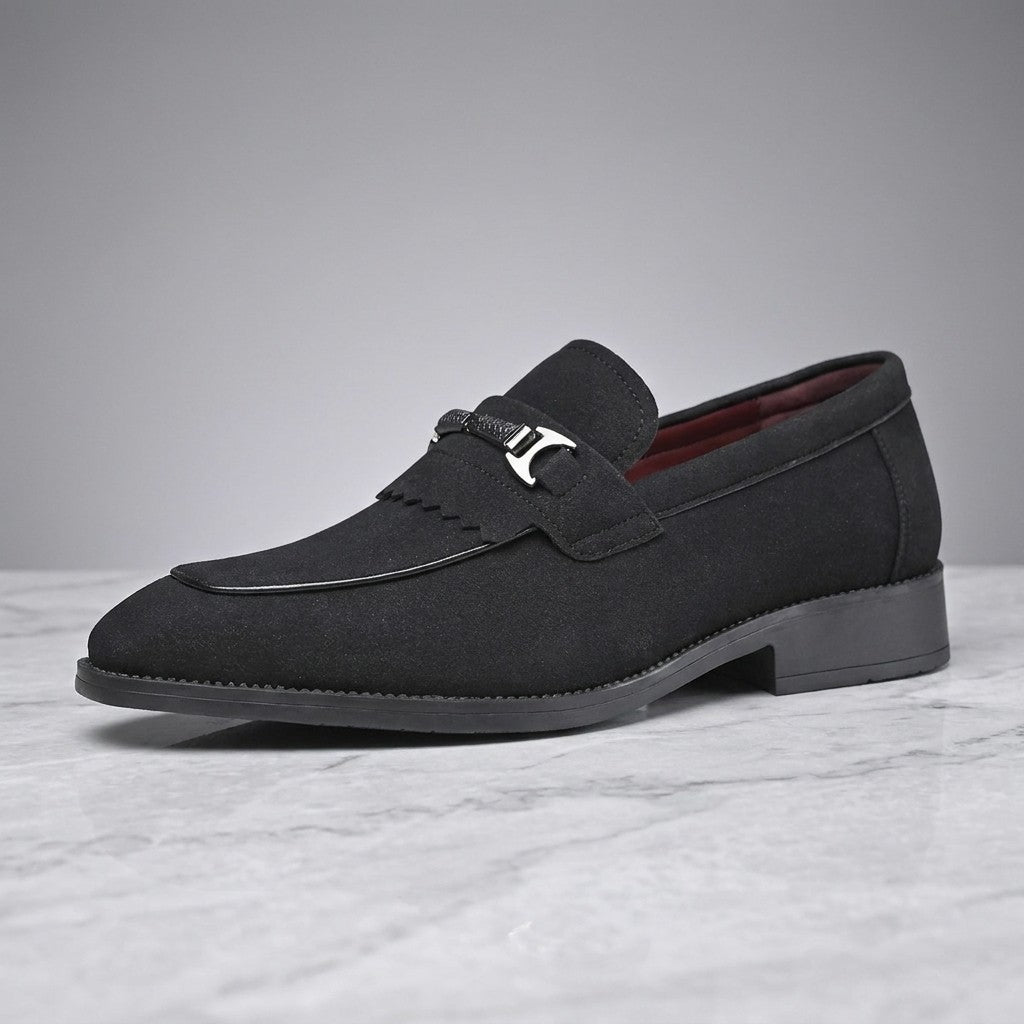 Maratea Kiltie Bit Loafers — Black, single loafer in side profile on light grey marble