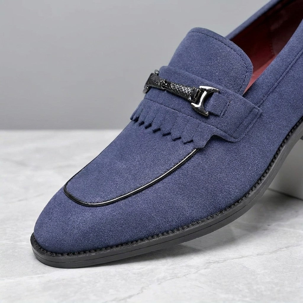 Maratea Kiltie Bit Loafers — Blue, close-up of the bit, fringed kiltie and suede upper
