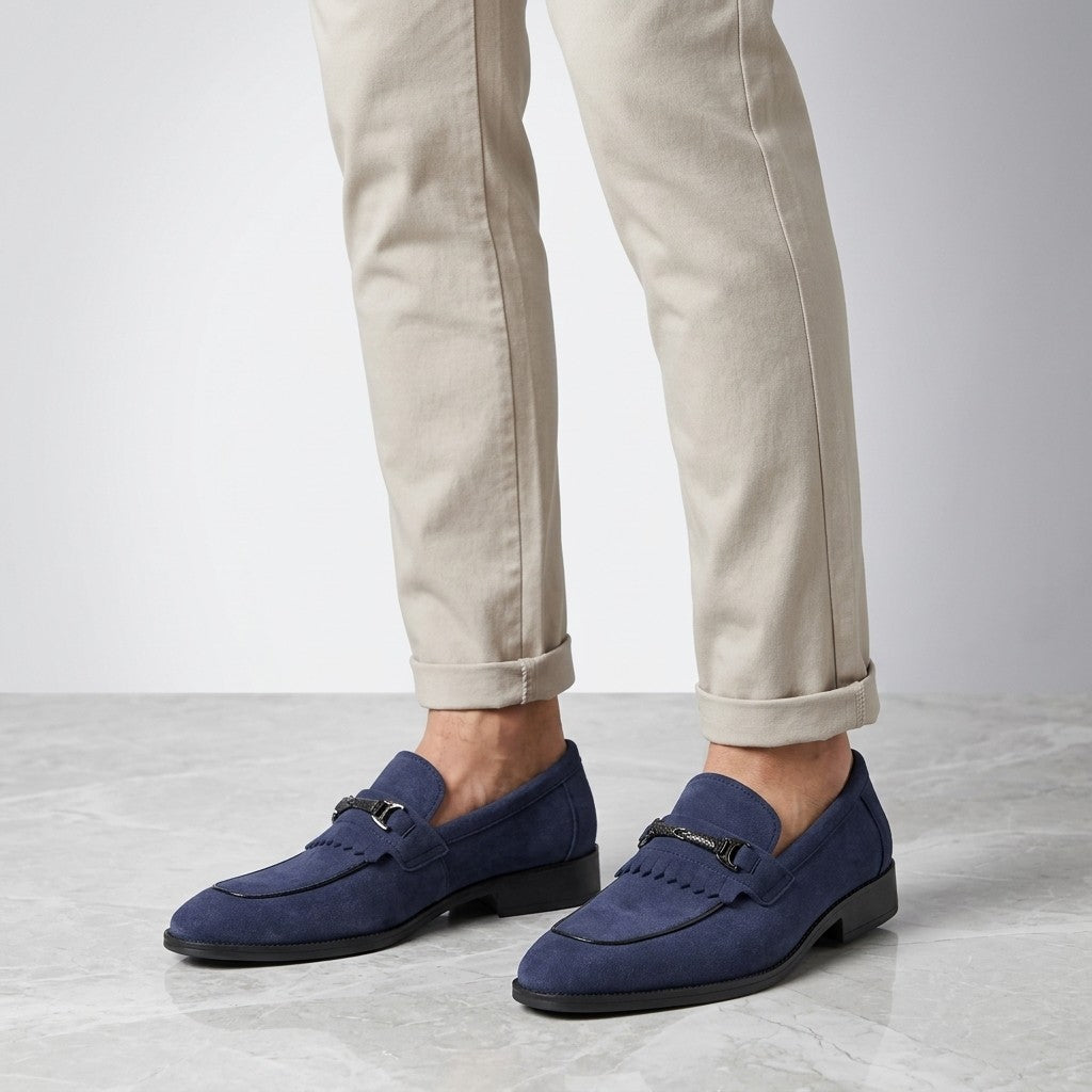 Maratea Kiltie Bit Loafers — Blue, worn with light chinos in the studio