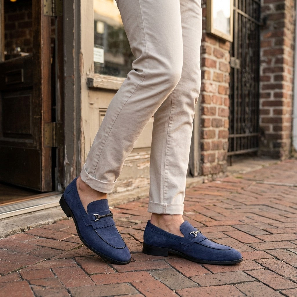 Maratea Kiltie Bit Loafers — Blue, worn with light chinos on a brick sidewalk
