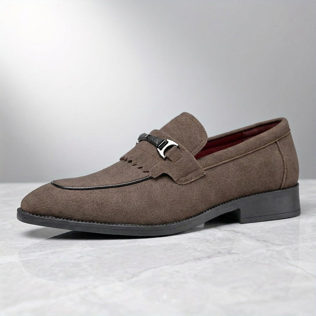Maratea Kiltie Bit Loafers — Brown, single loafer in side profile on light grey marble