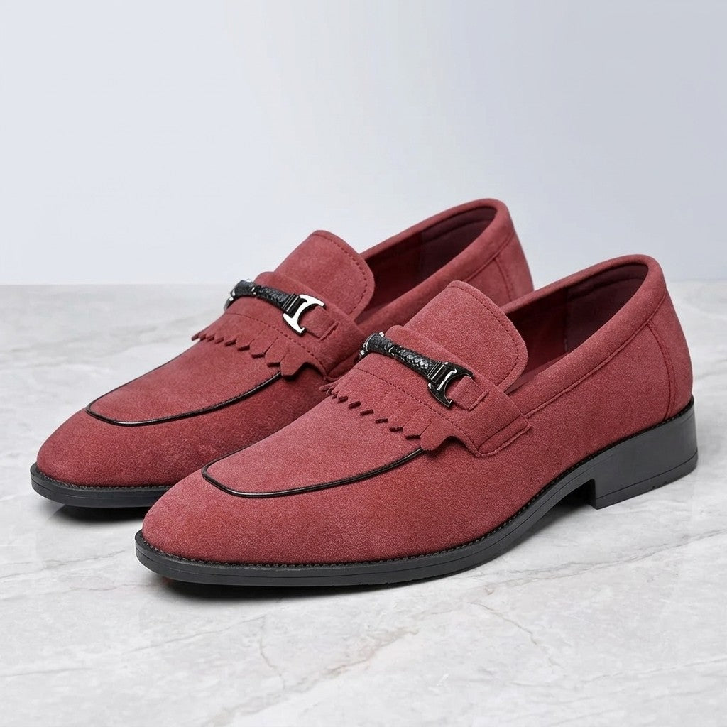Maratea Kiltie Bit Loafers — Red, pair of kiltie bit loafers, three-quarter view on light grey marble