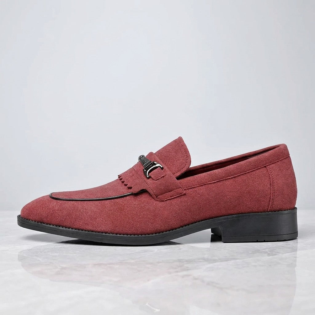 Maratea Kiltie Bit Loafers — Red, single loafer in side profile on light grey marble