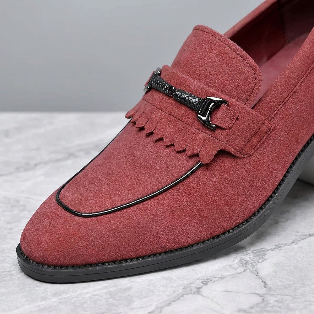 Maratea Kiltie Bit Loafers — Red, close-up of the bit, fringed kiltie and suede upper