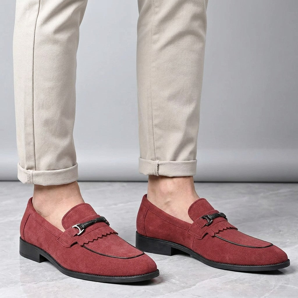 Maratea Kiltie Bit Loafers — Red, worn with light chinos in the studio