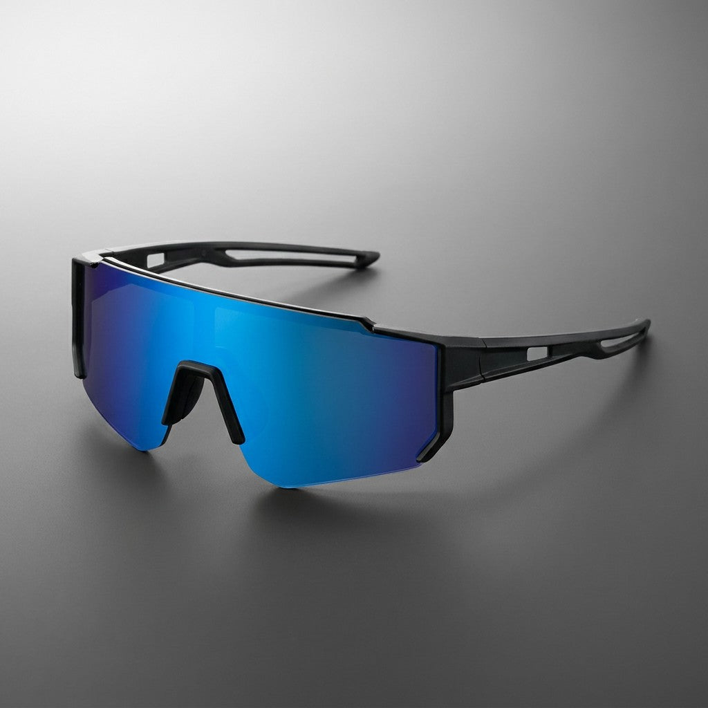Marciana Sport Sunglasses — Black / Ice Blue Mirror, three-quarter front view on a grey studio gradient