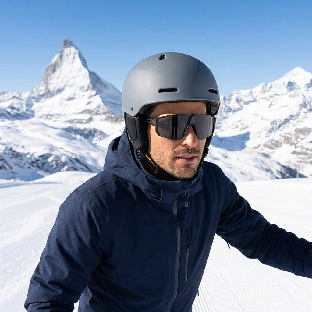 Marciana Sport Sunglasses — Black / Smoke, worn by a man in a helmet skiing a sunny groomed slope in Zermatt