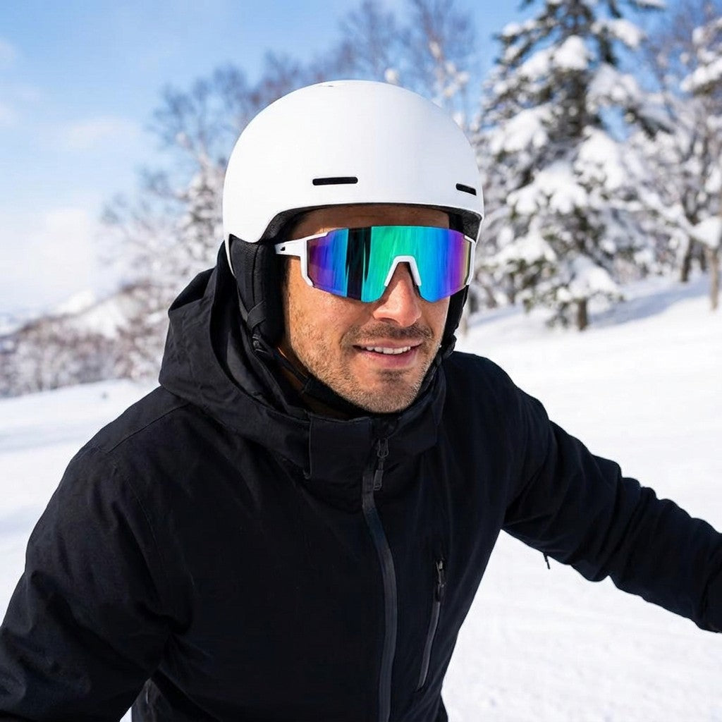 Marciana Sport Sunglasses — White / Emerald Mirror, worn by a man in a helmet skiing a sunny slope in Niseko