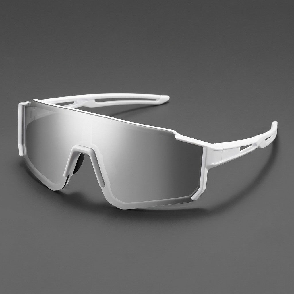 Marciana Sport Sunglasses — White / Silver Mirror, three-quarter front view on a grey studio gradient