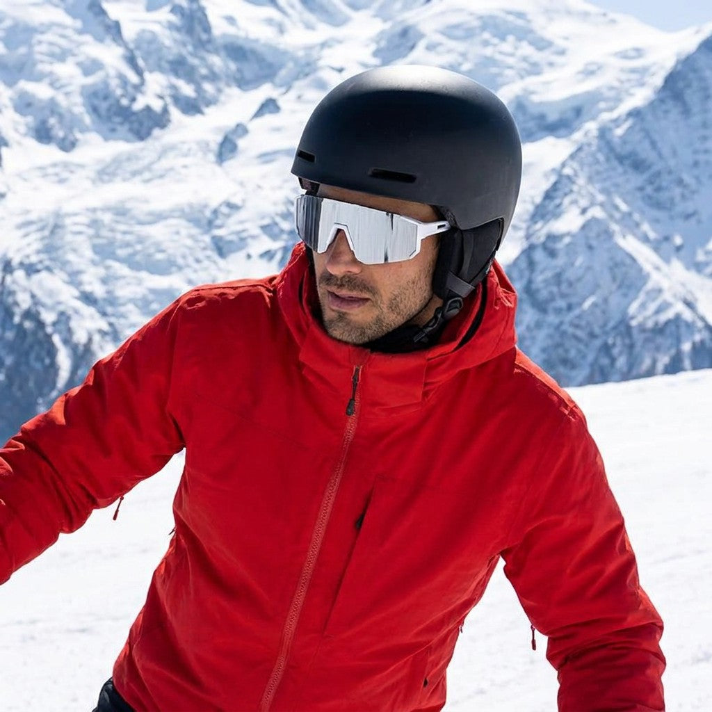 Marciana Sport Sunglasses — White / Silver Mirror, worn by a man in a helmet skiing in bright sun near Chamonix