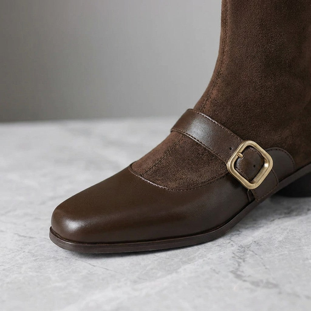 Sondrio Buckled Ankle Boots — Chocolate Brown, close-up of the outer-side strap and gold pin buckle