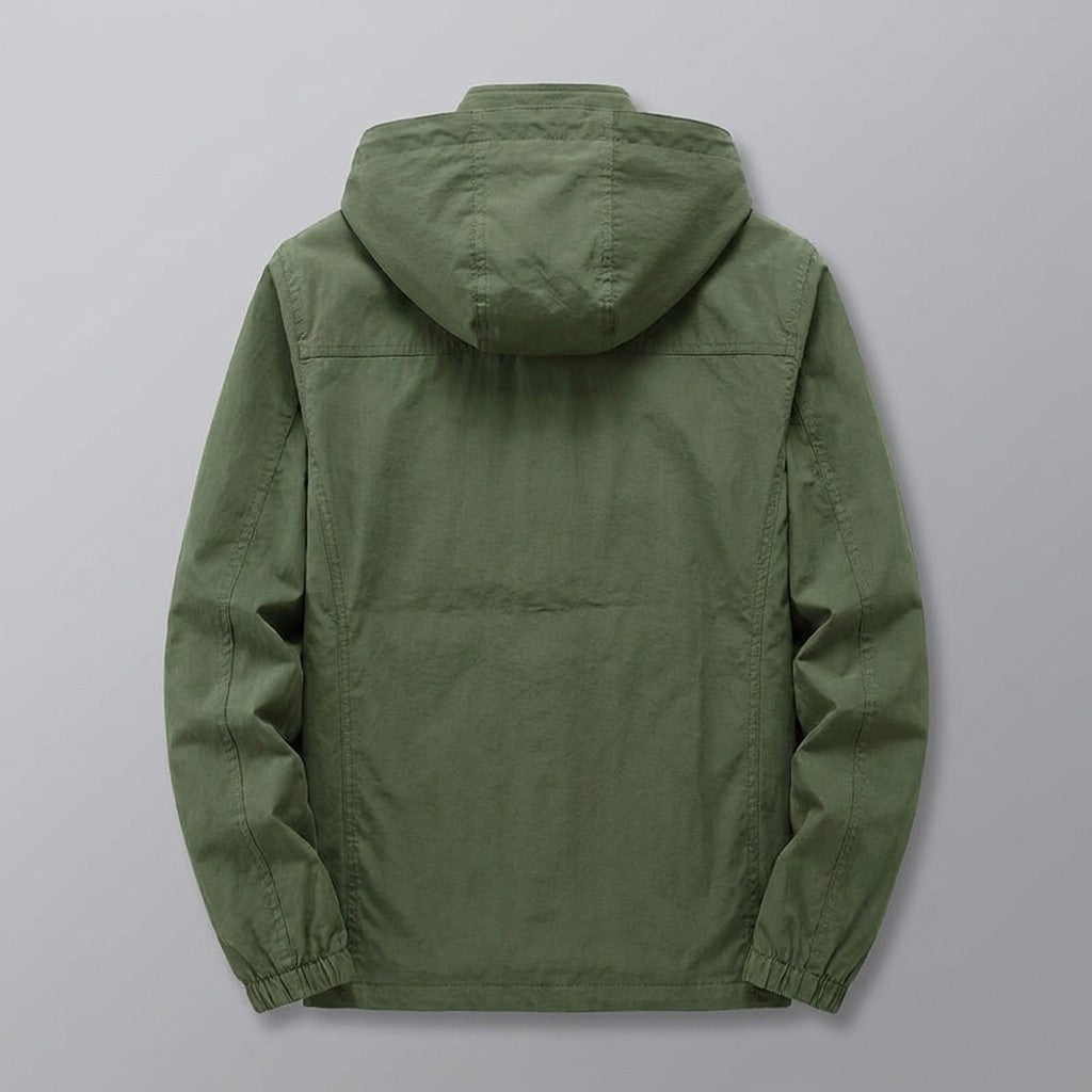 Viterbo Hooded Cargo Jacket for men in Army Green, laid flat, back view with hood