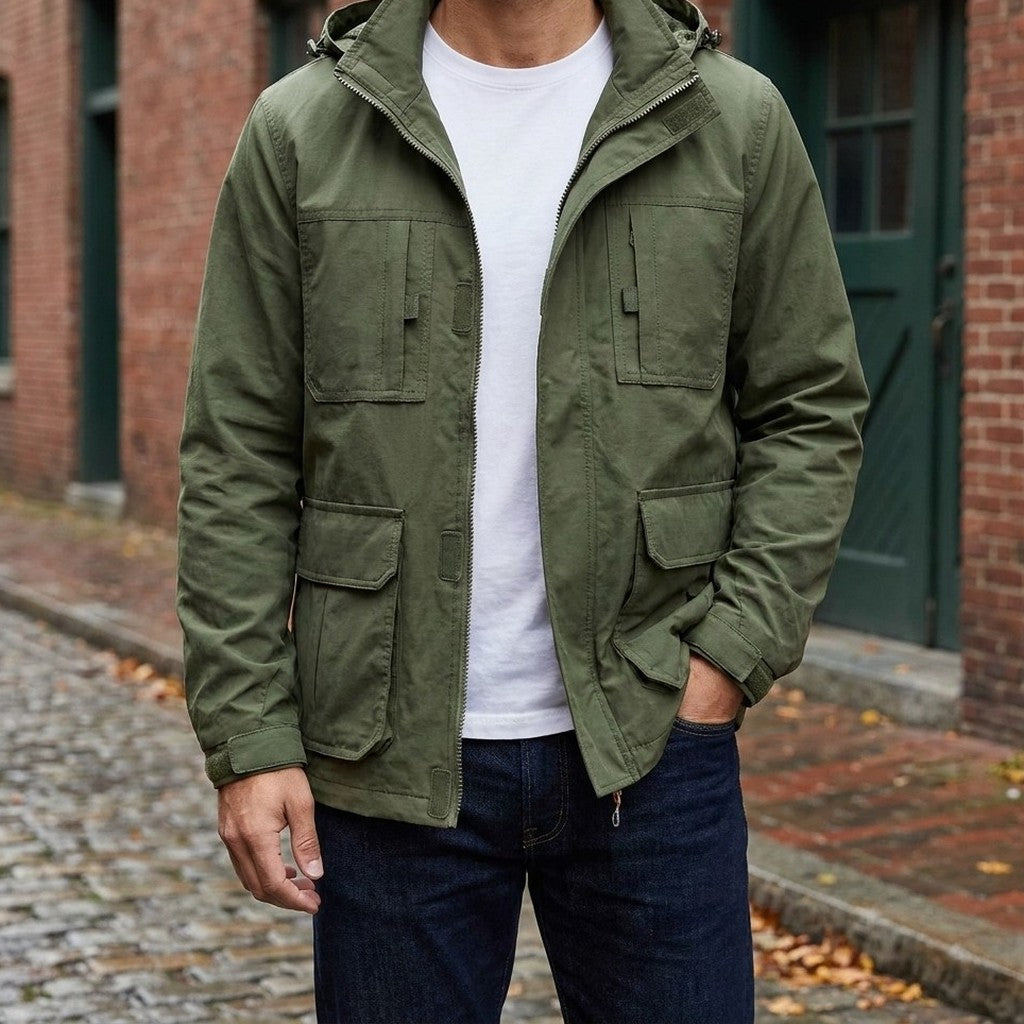 Man wearing the Viterbo Hooded Cargo Jacket in Army Green open over a white tee on a brick-lined street