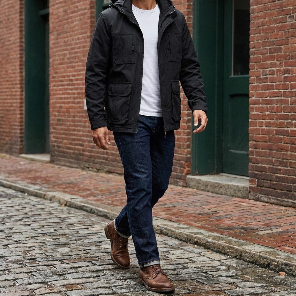 Full outfit: Viterbo Hooded Cargo Jacket in Black with dark jeans and brown boots, walking on a cobblestone street