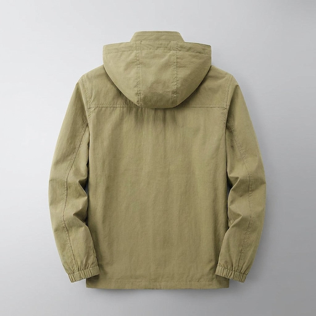 Viterbo Hooded Cargo Jacket for men in Khaki, laid flat, back view with hood