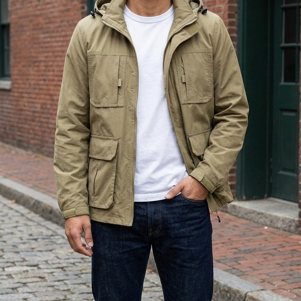Man wearing the Viterbo Hooded Cargo Jacket in Khaki open over a white tee on a brick-lined street
