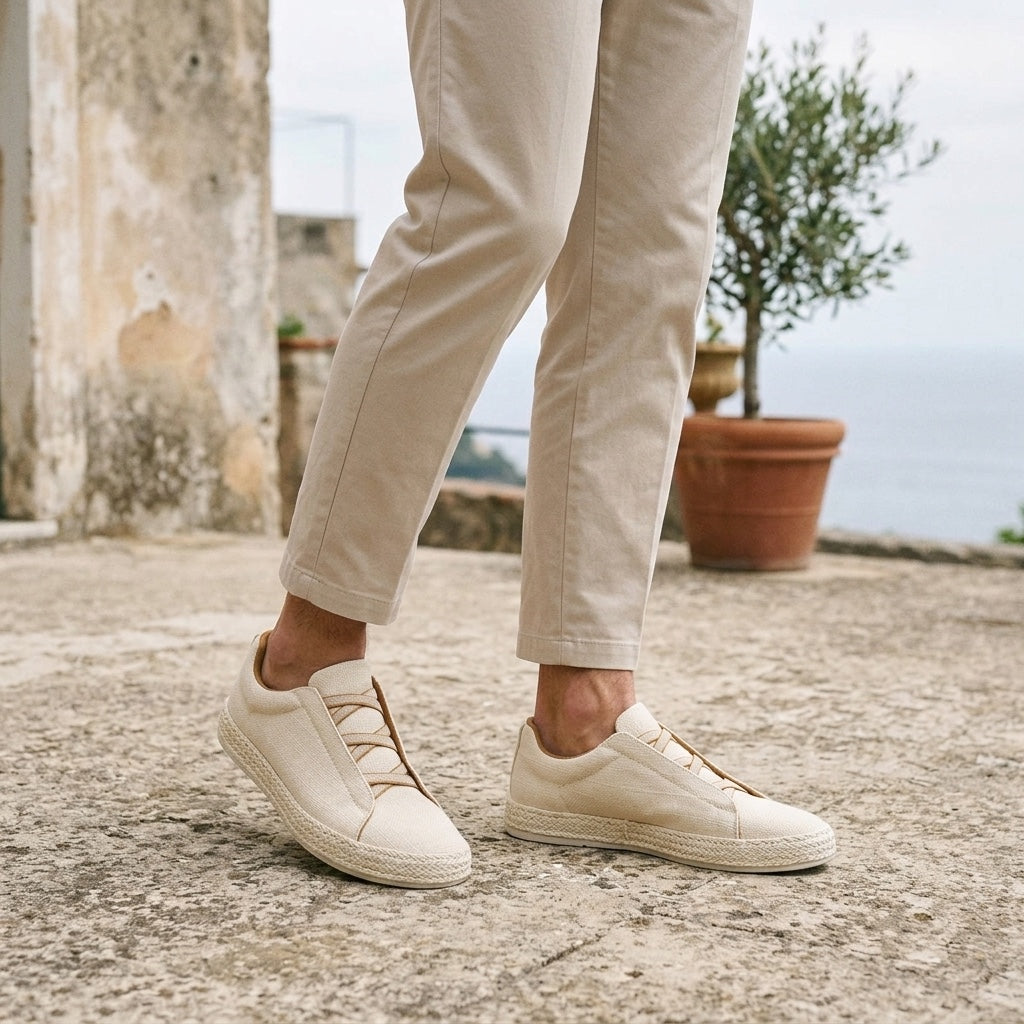 Bosa Espadrille Sneakers — Cream, worn on a coastal stone terrace