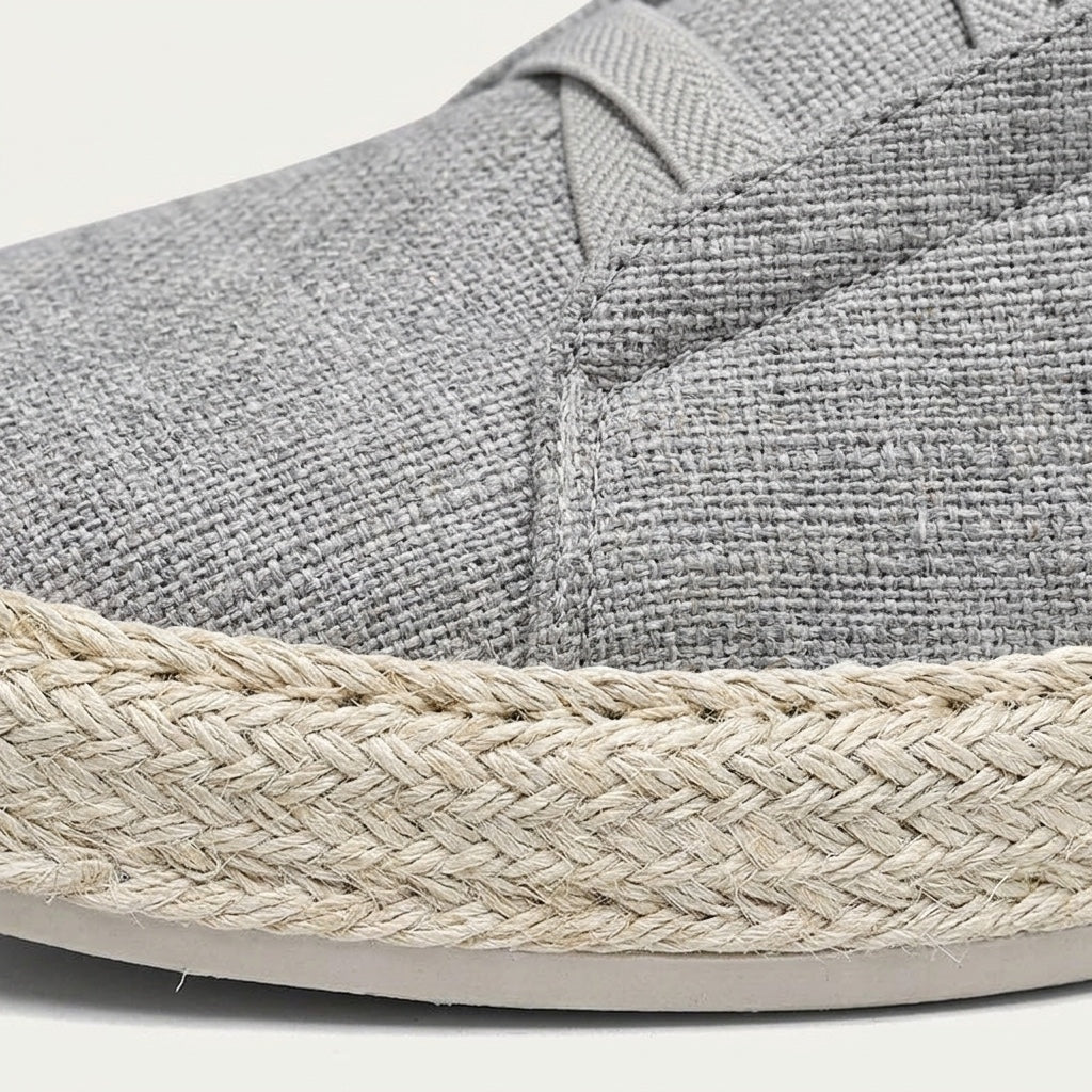 Bosa Espadrille Sneakers — Grey, woven upper and rope trim close-up
