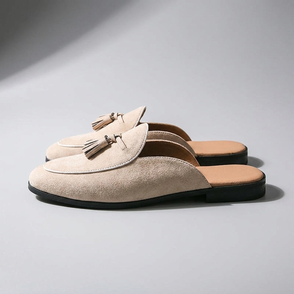 Pienza Suede Mules — Beige, side profile, full silhouette toe to heel