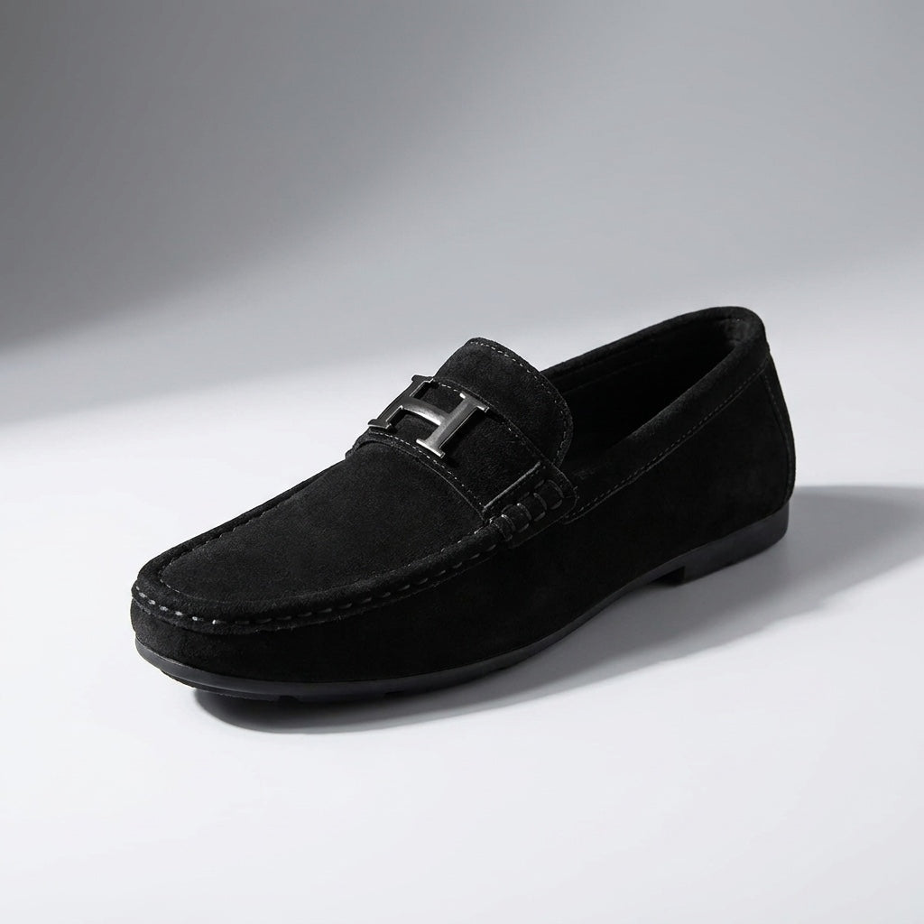 Lavagna Suede Loafers — Black, three-quarter studio view