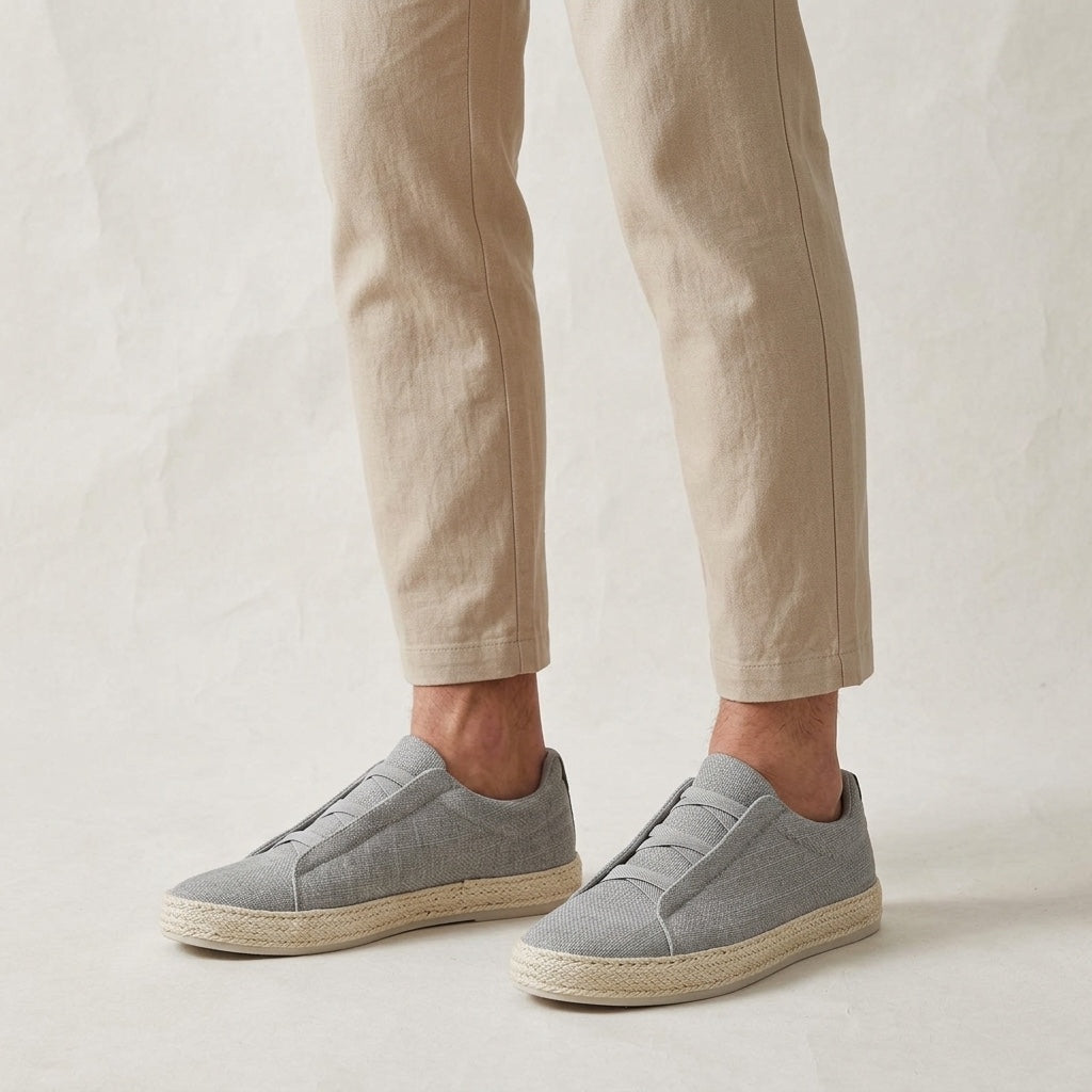 Bosa Espadrille Sneakers — Grey, worn with beige chinos, studio