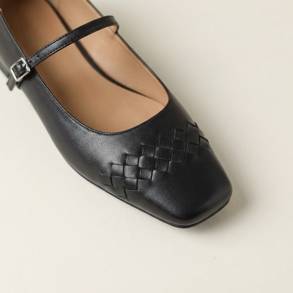 Cremona Mary Janes — Black, close view of the woven toe and buckle
