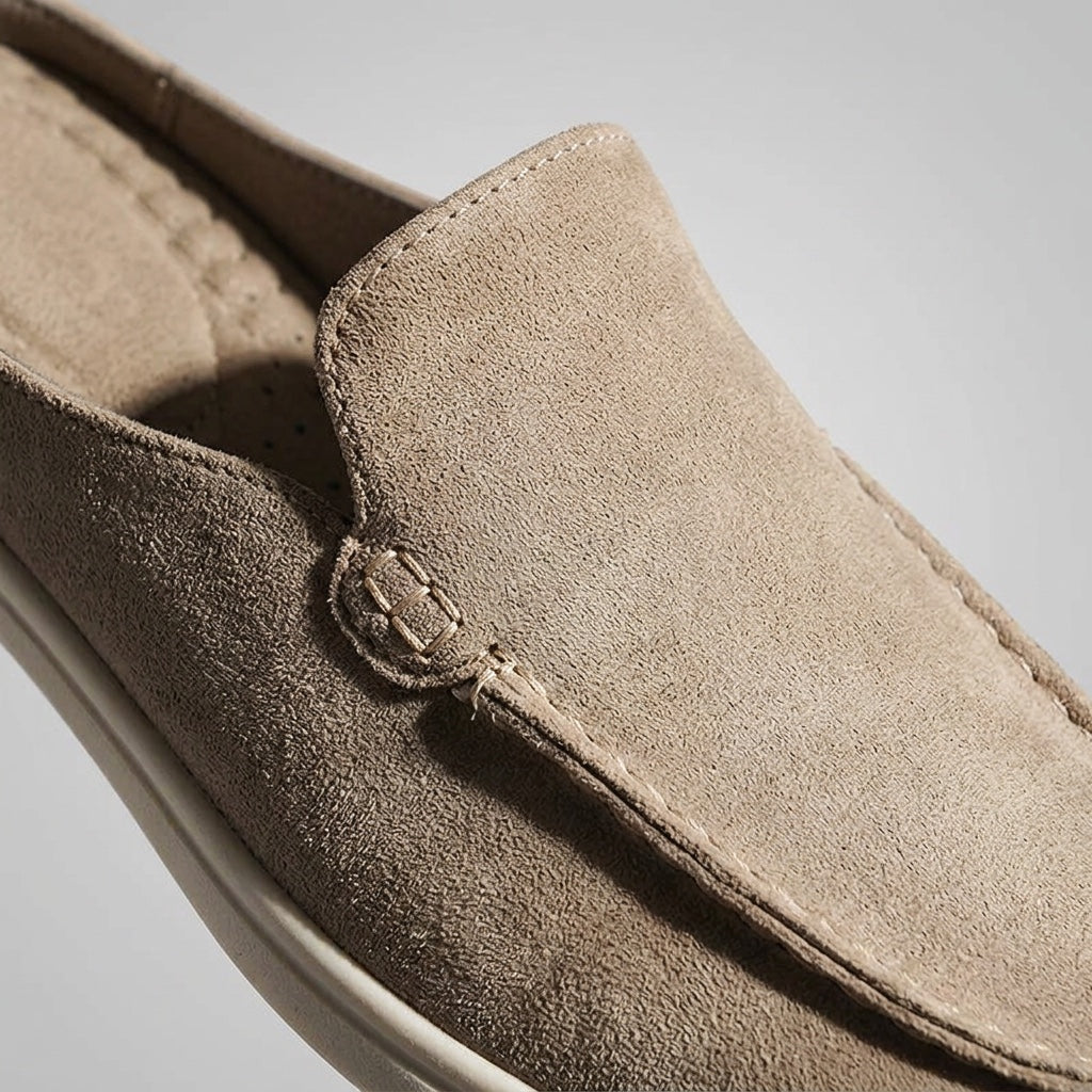 Falmouth Suede Loafers — Beige, close-up toe and vamp suede texture