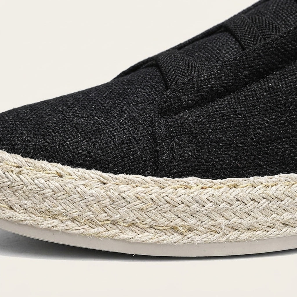 Bosa Espadrille Sneakers — Black, woven upper and rope trim close-up