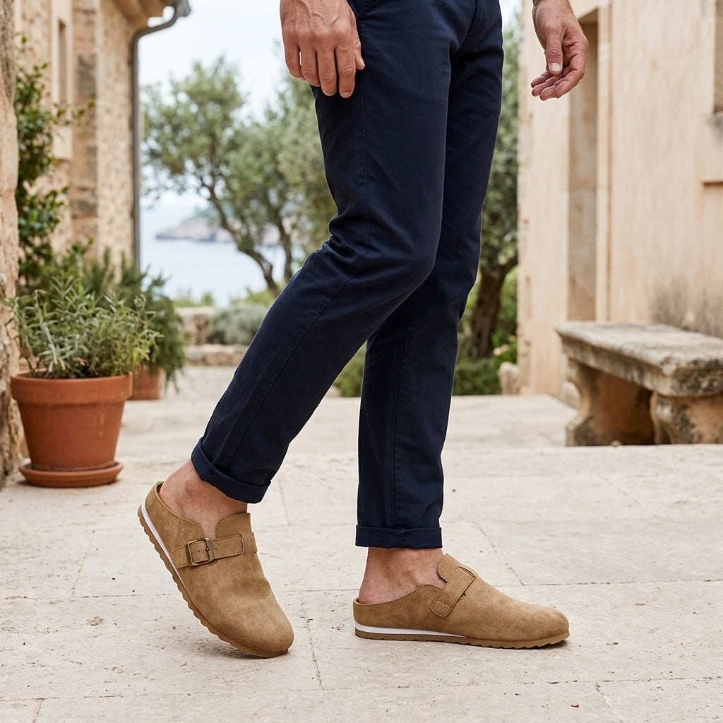 Tivoli Suede Mules — Camel, worn on model, garden terrace
